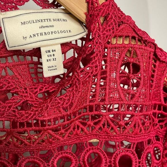 Moulinette Soeurs by Anthropologie Tamera Geometric Lace Peplum Red Blouse Sz 0 - Picture 4 of 6